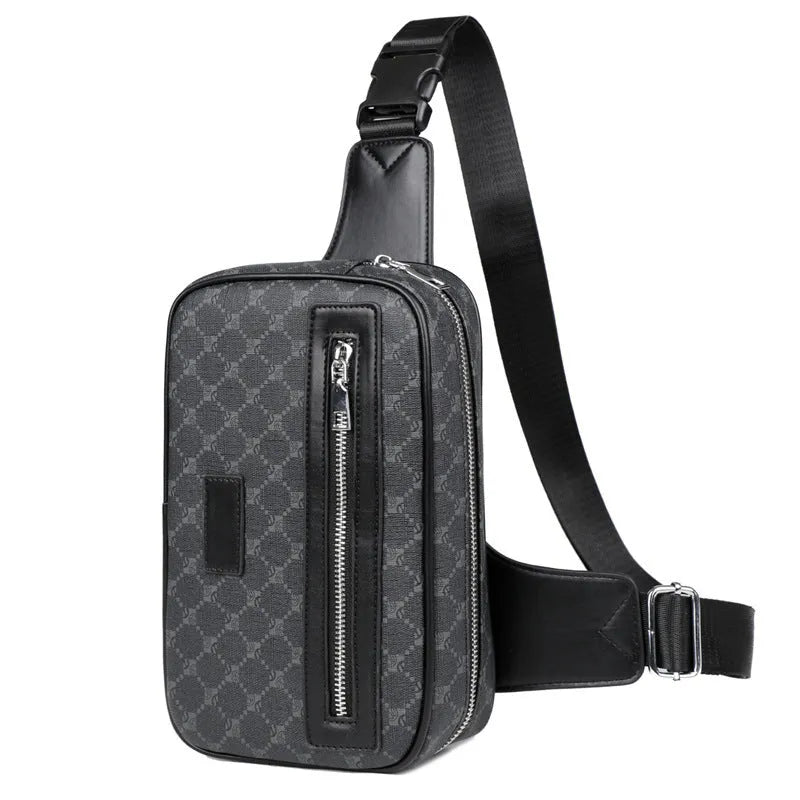 Men's black PU crossbody shoulder bag with chest-printed design and visible sewing lines