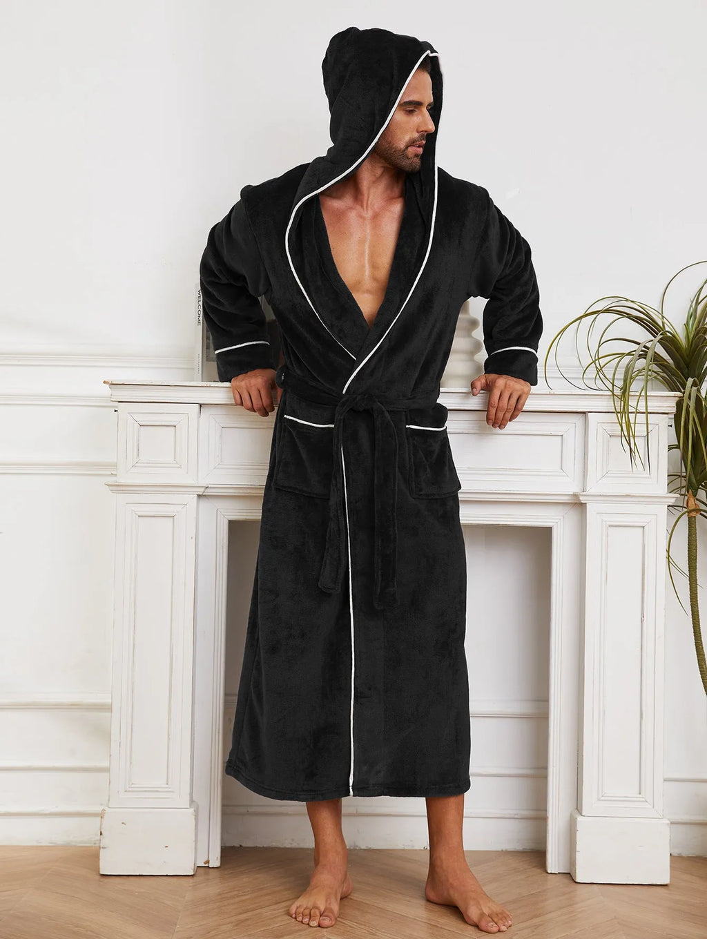 Men's grey flannel bathrobe with front tie belt, shown folded, for winter loungewear.