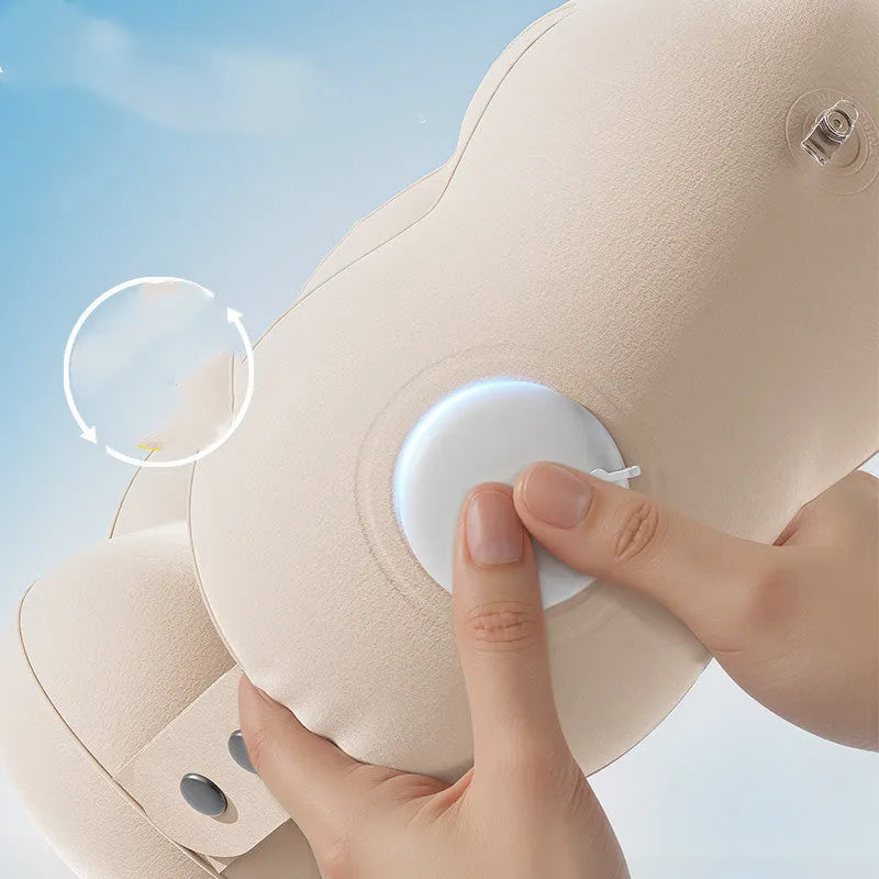Inflatable cloud bubble coloured U-shaped travel neck pillow with cartoon design, shown deflated and portable.