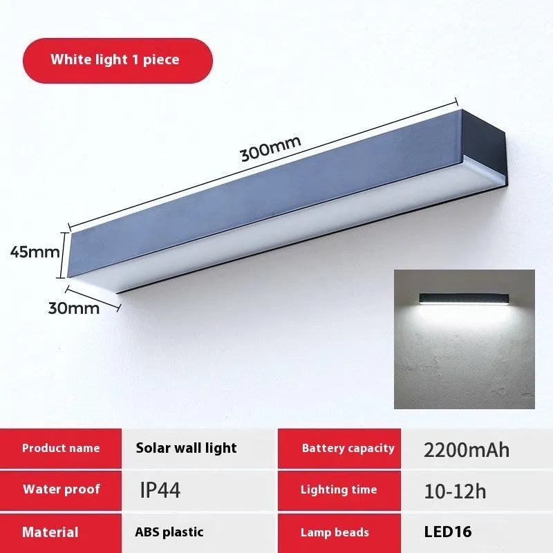 Solar-powered outdoor wall lamp with black ABS plastic shell and IP65 waterproof rating for garden lighting