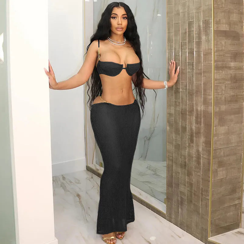 See-through bikini skirt suit for women in black with long polyester skirt and sleeveless top