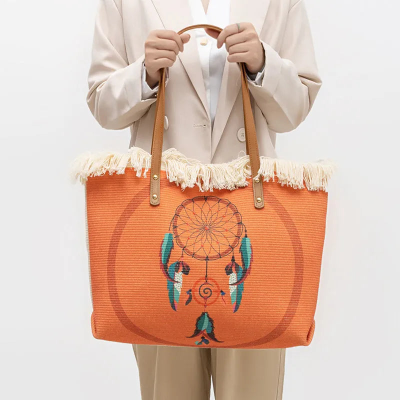 Bohemian ethnic print canvas shoulder bag with large capacity 50cm by 30cm in polyester cotton