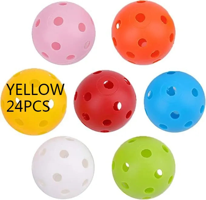 Multi-colour golf practice balls in red, orange, blue, green, white, and yellow shown in a net bag.