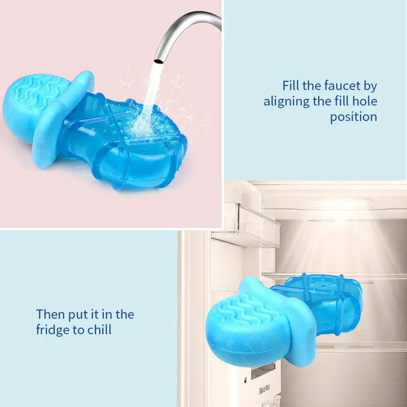 Blue and pink dog cooling toy set with water-filled pacifier, popsicle and ring toys