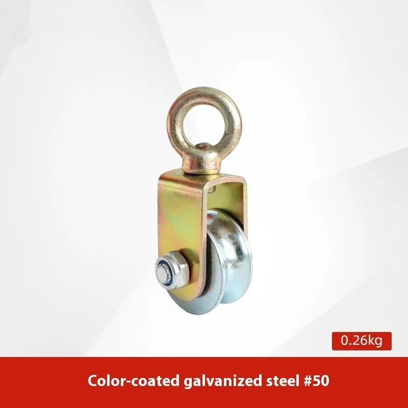 Red industrial steel lifting pulley with a safety latch on the hook for secure lifting.