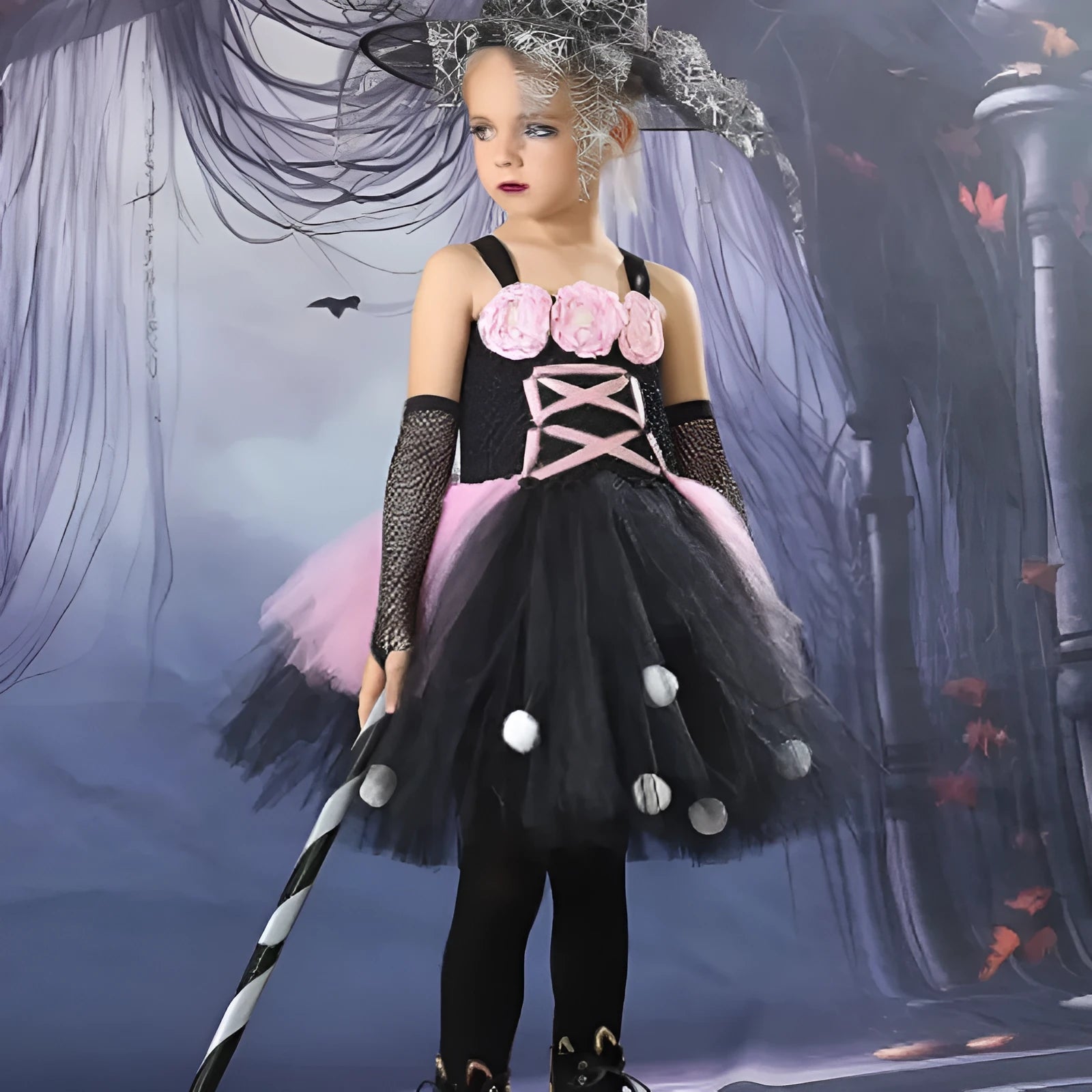 Little Witch flower mesh children's ballet tutu dress set in pink and black with accessories