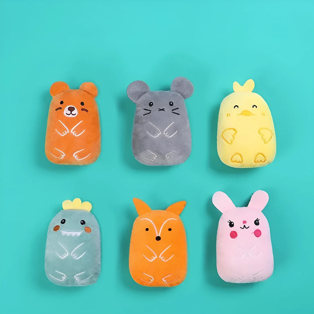 Plush catnip chewing toy for cats with vocal features in multiple colour options