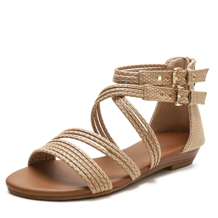 Women's open toe sandals with thick rubber sole and back zipper closure in wedge heel design