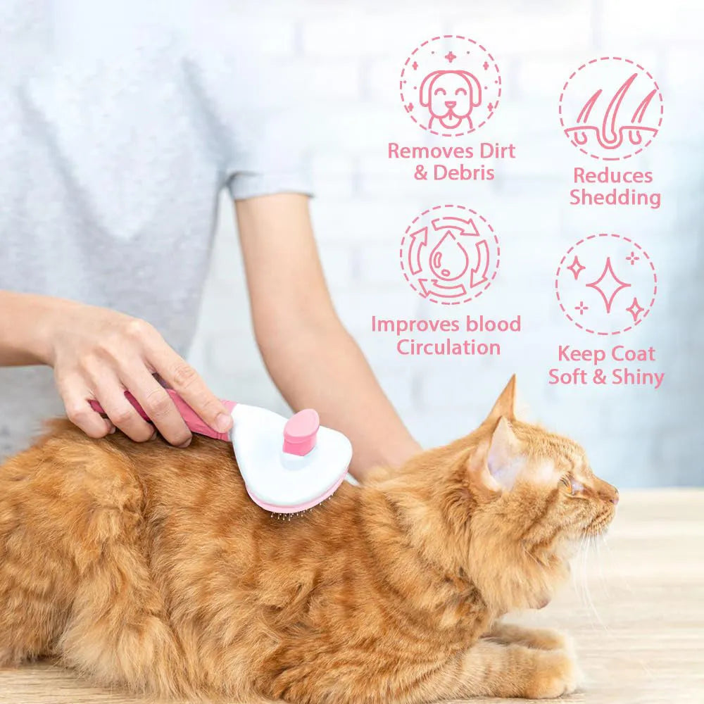 Blue cat grooming brush with a release button on the handle and fine wire bristles.