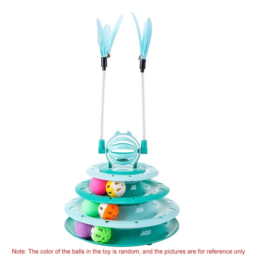 Blue four-tier interactive cat carousel toy with balls and teasing rods on a non-slip base.