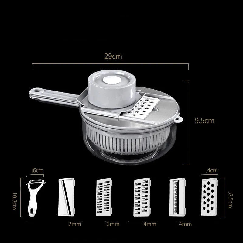 Household vegetable slicer with five stainless steel blades, gauntlet and paring knife in grey or green
