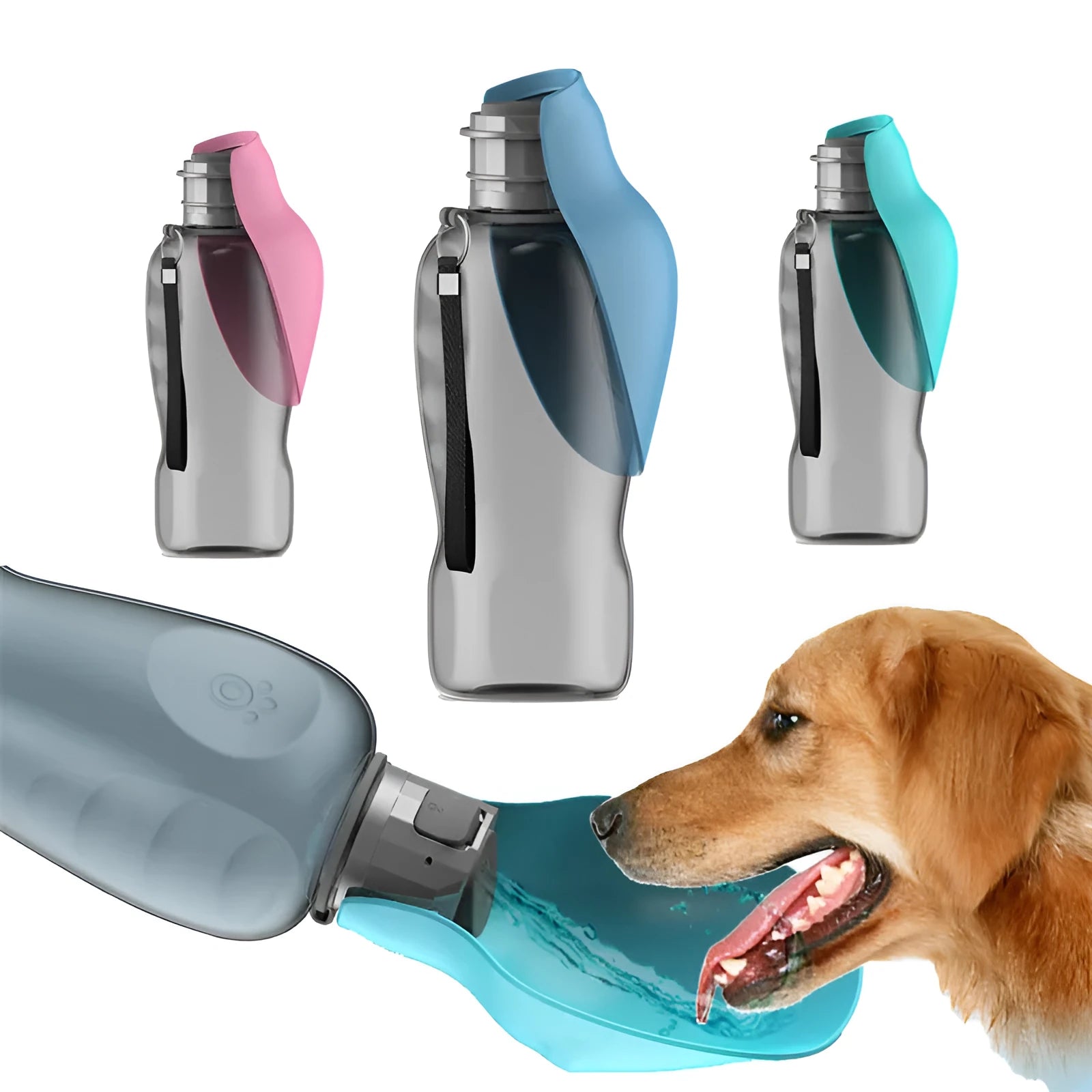 Blue grey foldable dog water bottle with drinking trough extended, showing 800ml capacity markings