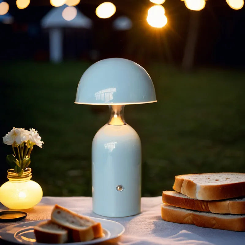 Mushroom charging lamp with geometric stereo shape, built-in battery, shown in red, blue, and yellow colour options