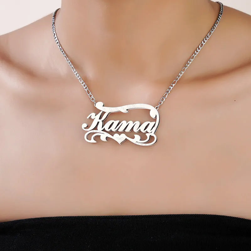 Double-layer wave heart personalised name necklace in stainless steel