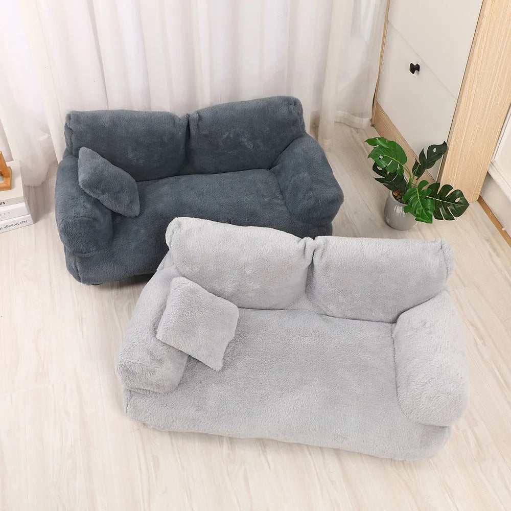 Rabbit plush dog sofa nest in khaki, dark grey or light grey, six sizes from S to XXL