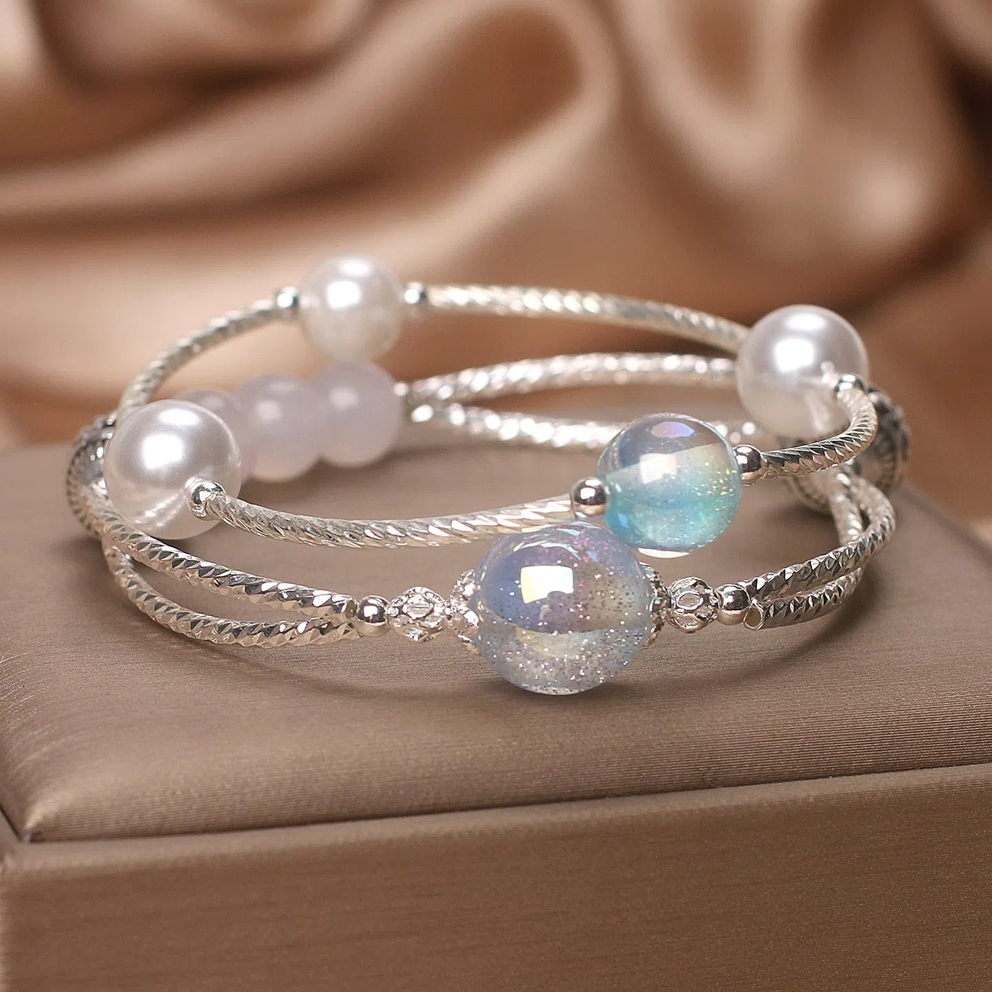 Light blue agate multi-circle twin crystal bracelet for women ethnic style