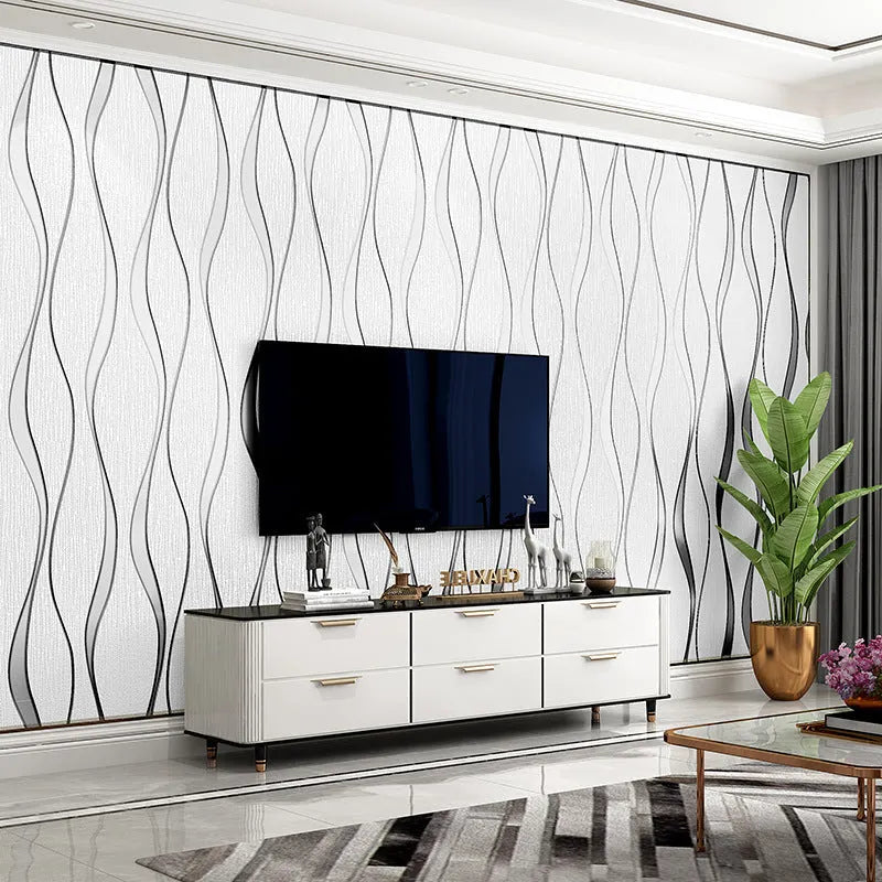 Close-up detail of dark brown 3D curve stripe wallpaper with thick deerskin velvet texture on a non-woven base.