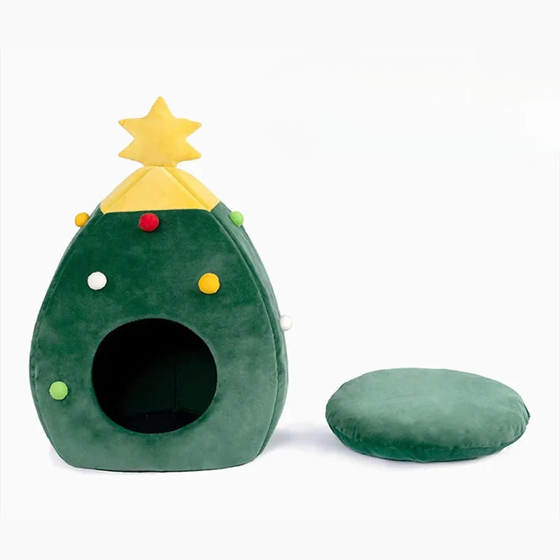 Christmas tree styled cave pet bed with plush teddy fabric and detachable cover in three size options