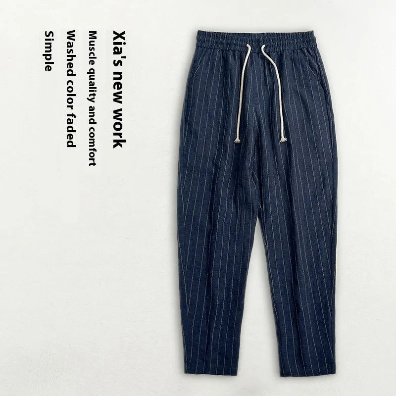 Men's cotton and linen casual trousers with cropped length and stripe pattern