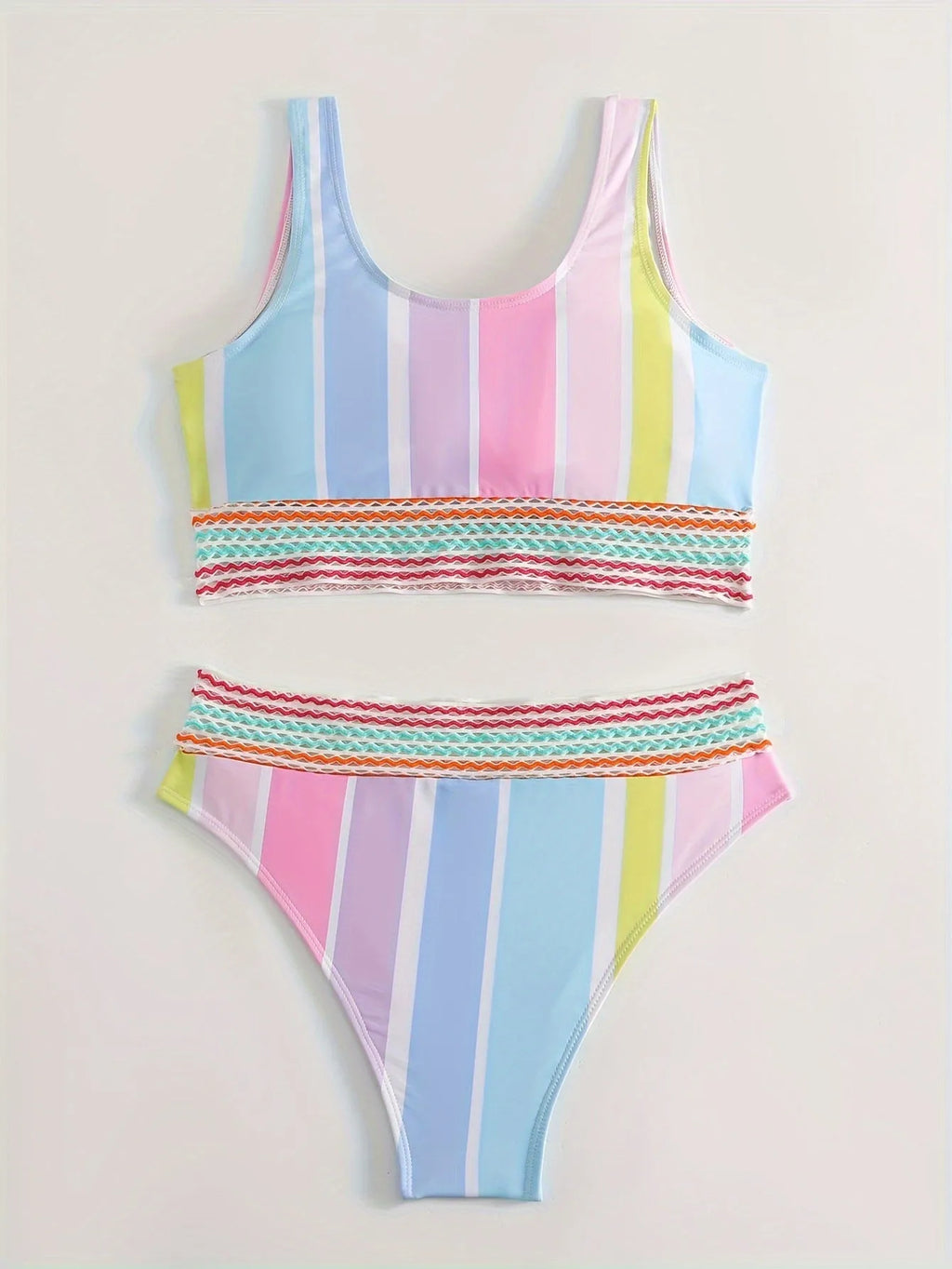 Women's striped bikini set in picture colour, showing top and briefs for swimming sports.