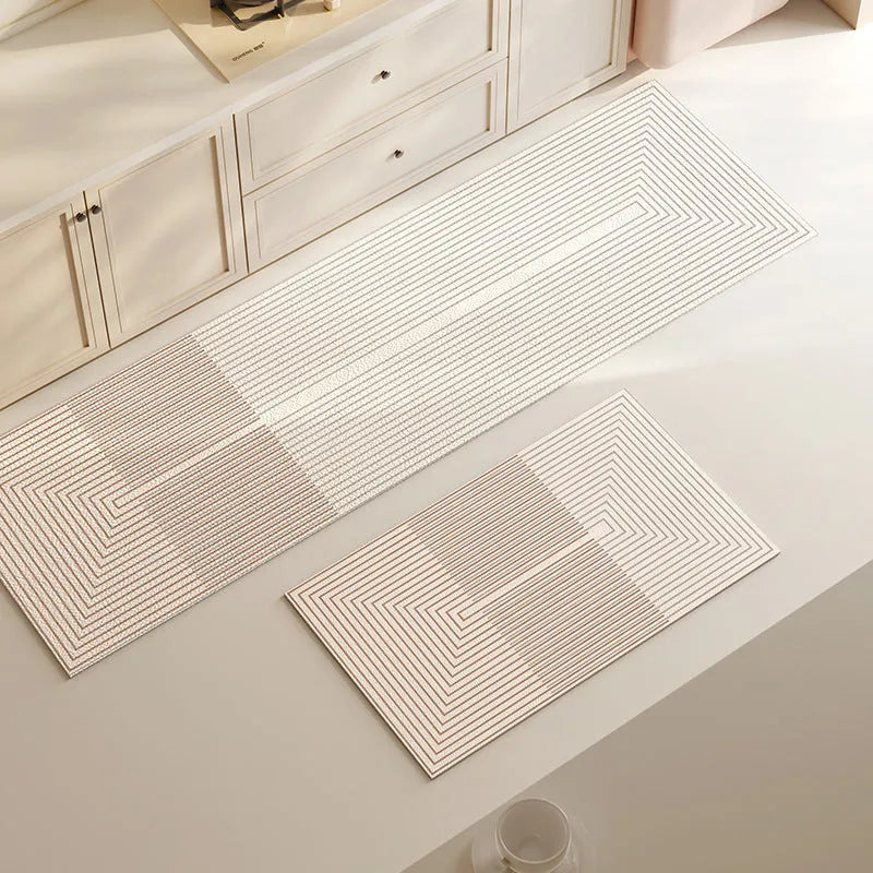 Household oval diatom ooze kitchen floor mat with stripe geometric pattern in Gu Chuan colour on tiled kitchen floor