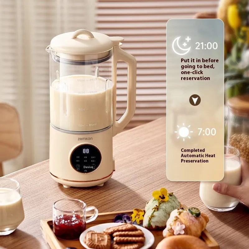 Milky white automatic soybean milk maker with glass body and touch control panel.