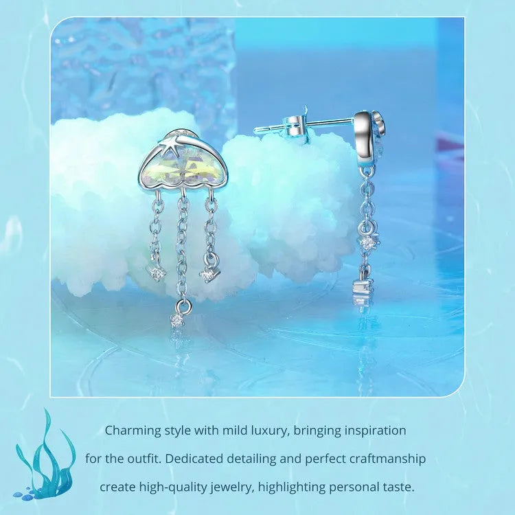 Original colourful jellyfish tassel stud earrings in 925 silver for women