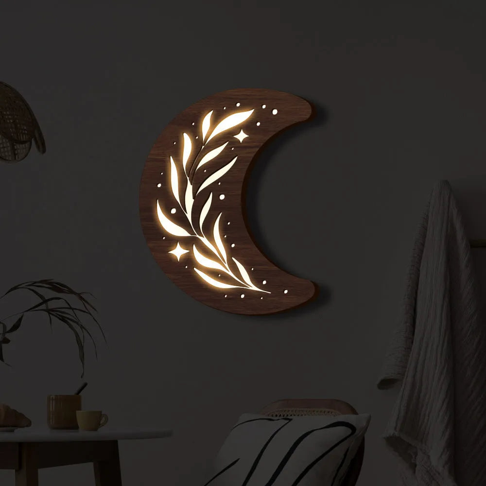 Wooden leaf crescent moon pendant lamp with LED lights and natural wood finish