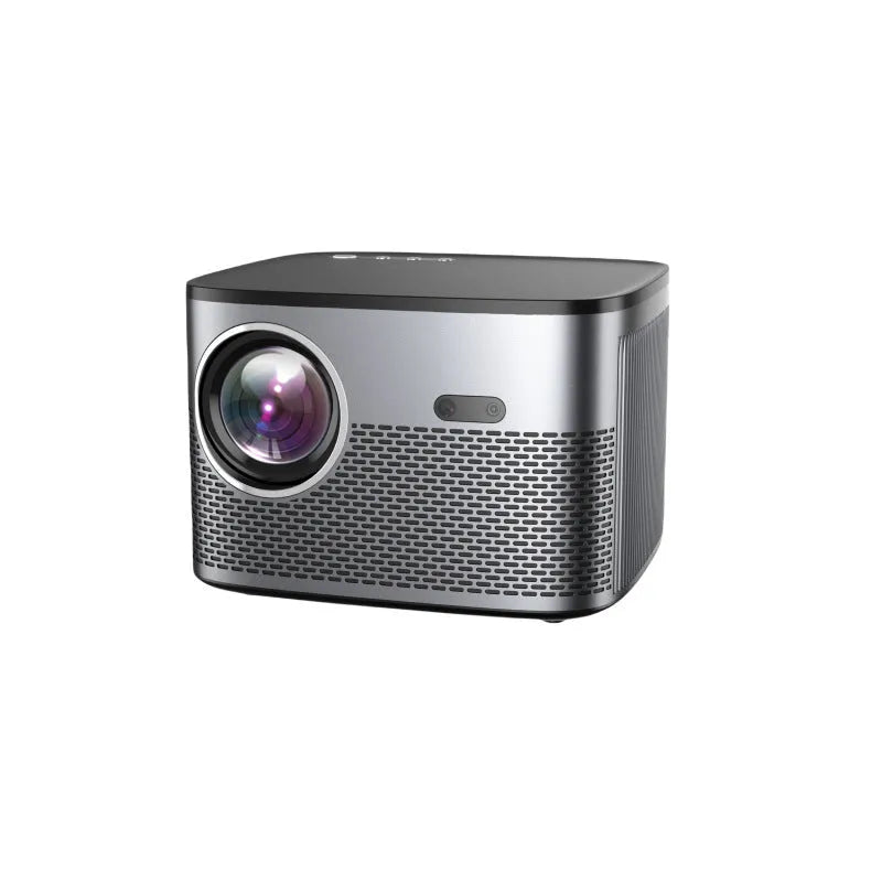 Silver portable 1080P home projector projecting a 100-inch image in a dark bedroom