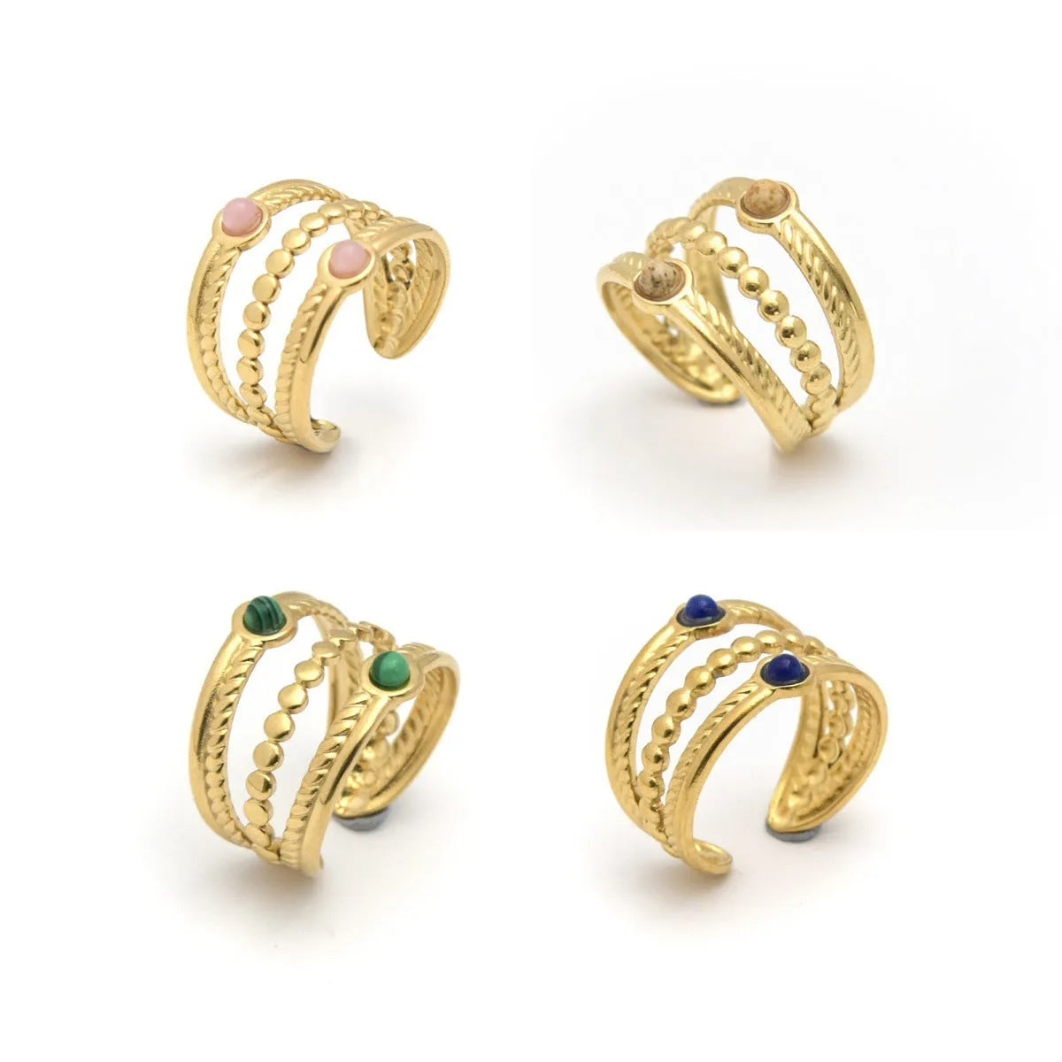 Natural stone multi-layer open ring in 304 stainless steel with gold plating, adjustable size, pink colour, geometric palace style