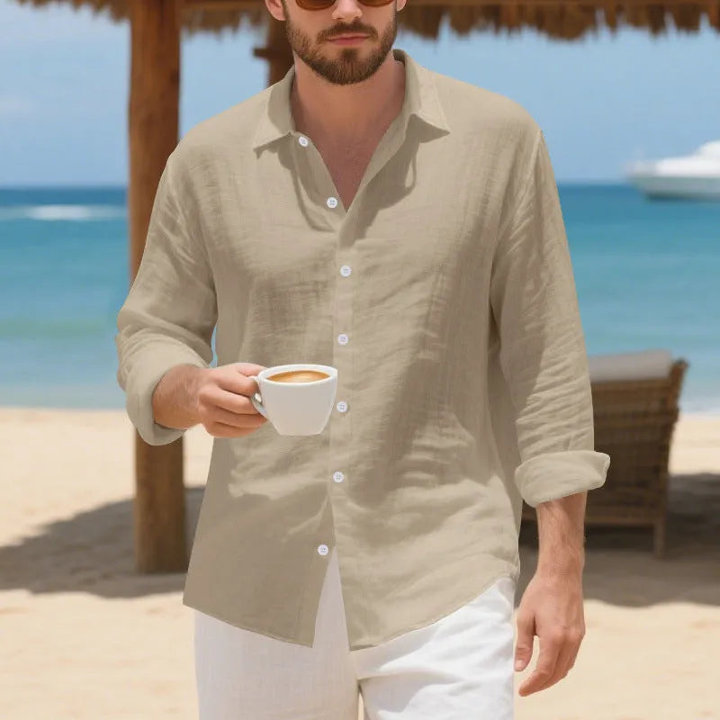 Loose fit linen casual shirt in Army Green colour, showing button placket and relaxed sleeve on a hanger.