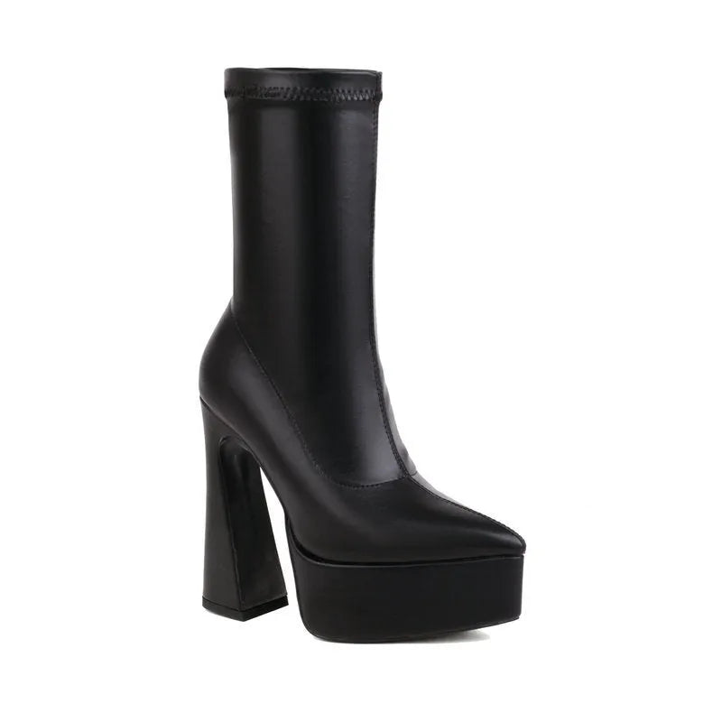Women's black platform booties with thick super high heel and short stout heel