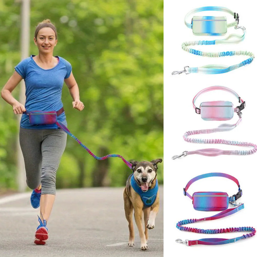 Hands-free adjustable dog leash with waist belt and reflective traction rope