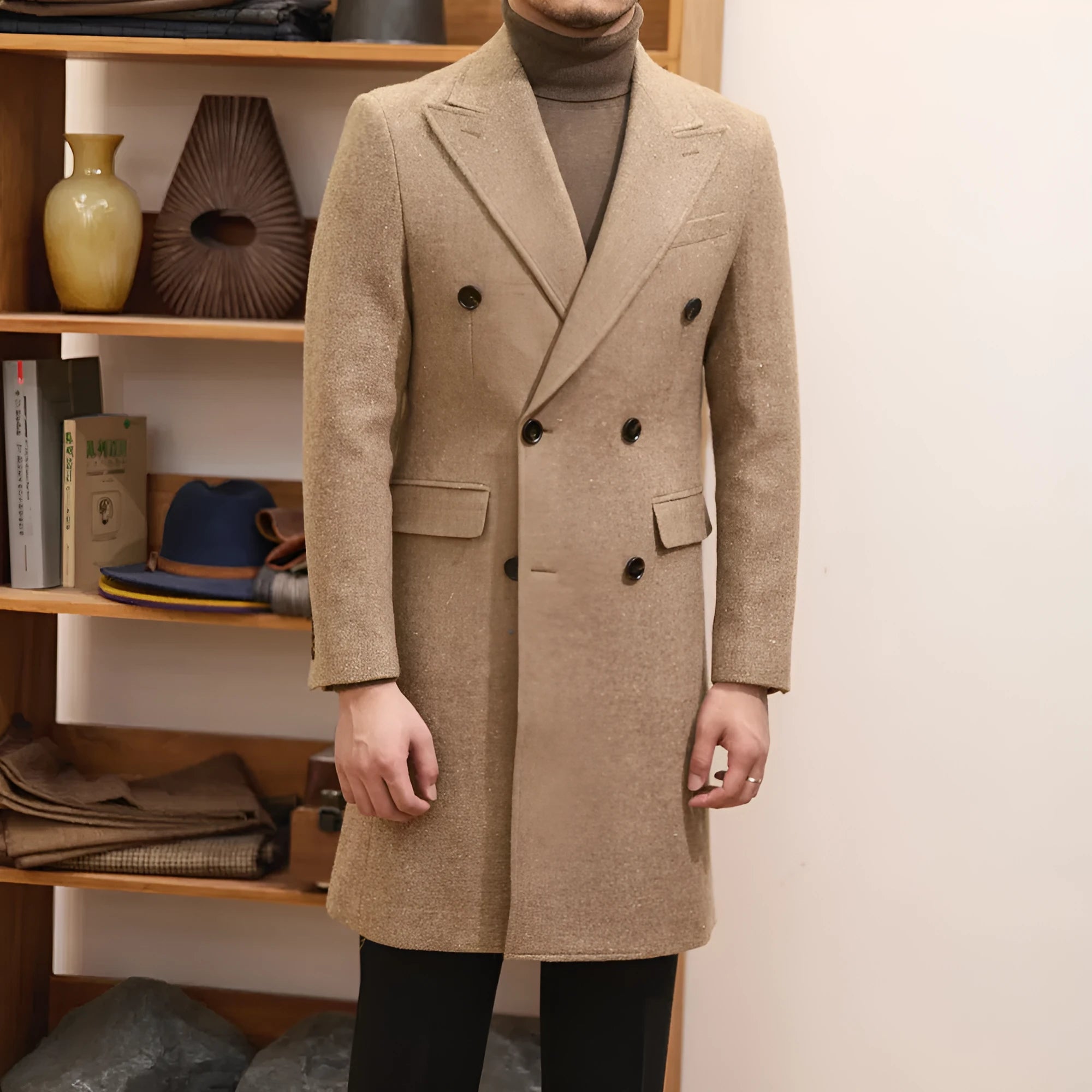 Brown men's double breasted slim jacket with side seam pockets and straight hem