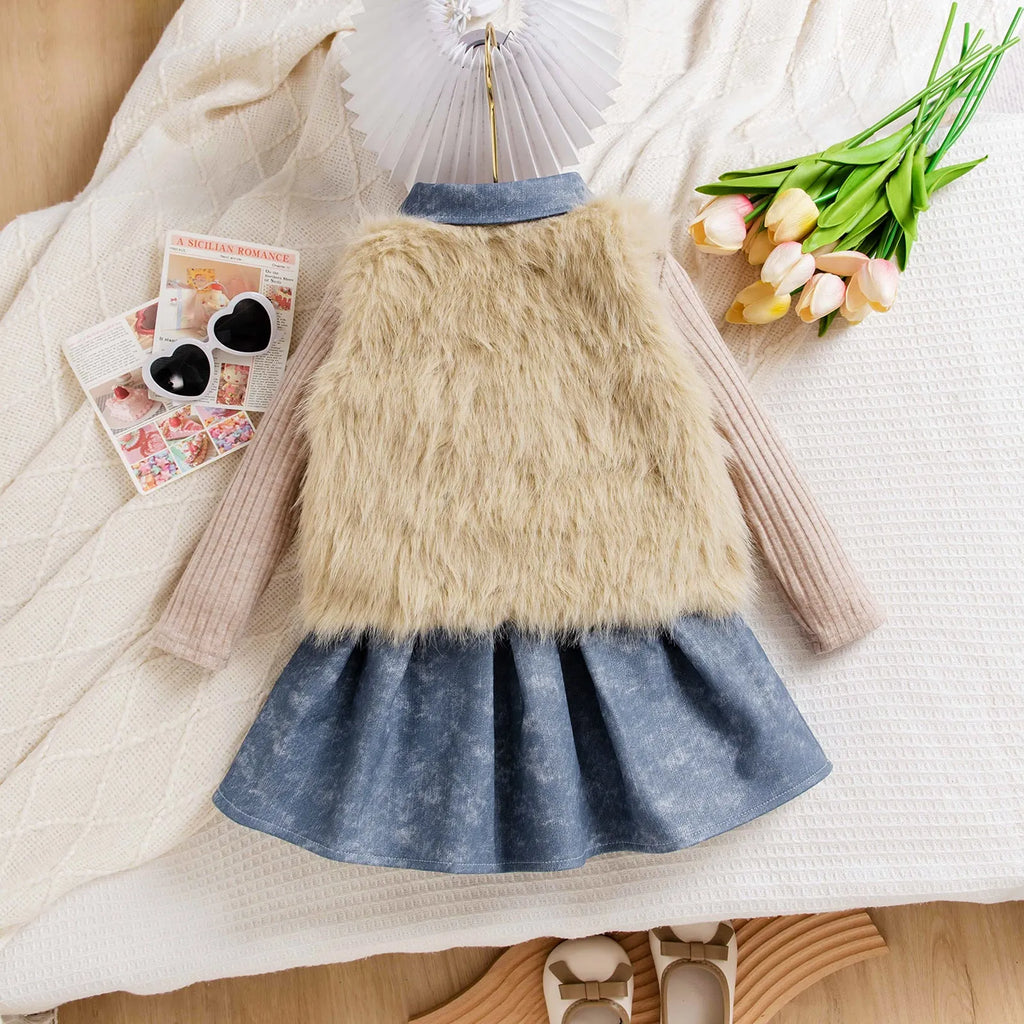 Girls apricot three-piece set with long sleeve top, sleeveless vest, and denim skirt in princess style for heights 4Y-7Y.