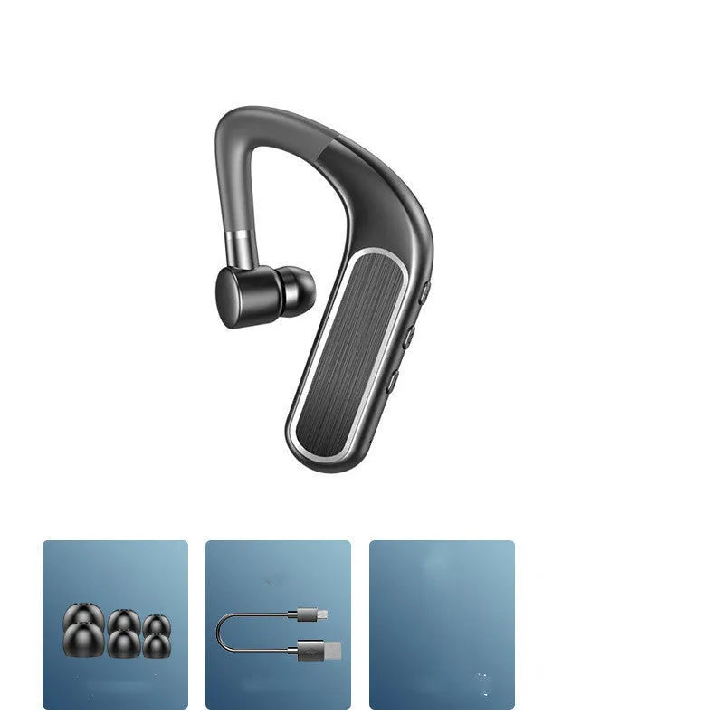 Black Bluetooth earphones with a hanging-ear design, shown with multiple ear caps and a charging cable.