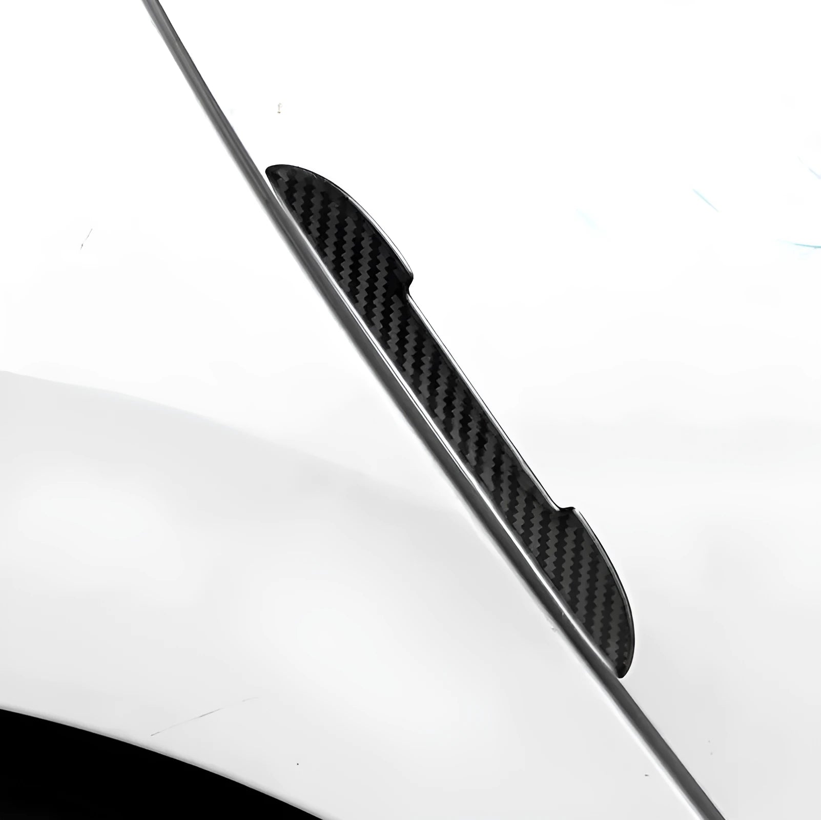 Black carbon fibre texture car door edge guard strips laid out, showing universal fit design.