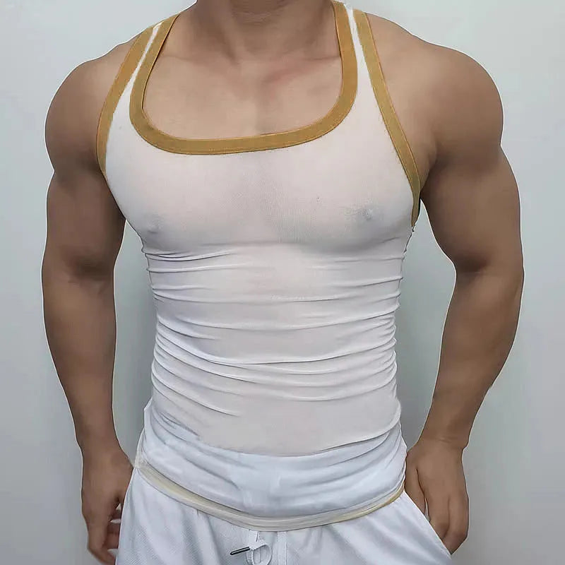 Men's black mesh fitness vest with straight hem design on white background