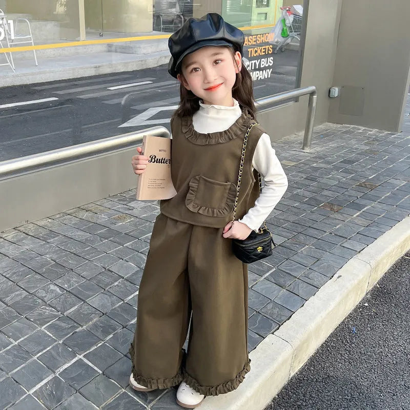 Girls cotton three-piece sports set in gray with long sleeve top, vest, and trousers for autumn