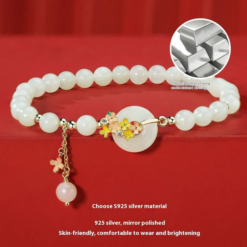 Osmanthus style bracelet with 6mm natural Hetian jade bead and S925 sterling silver buckle