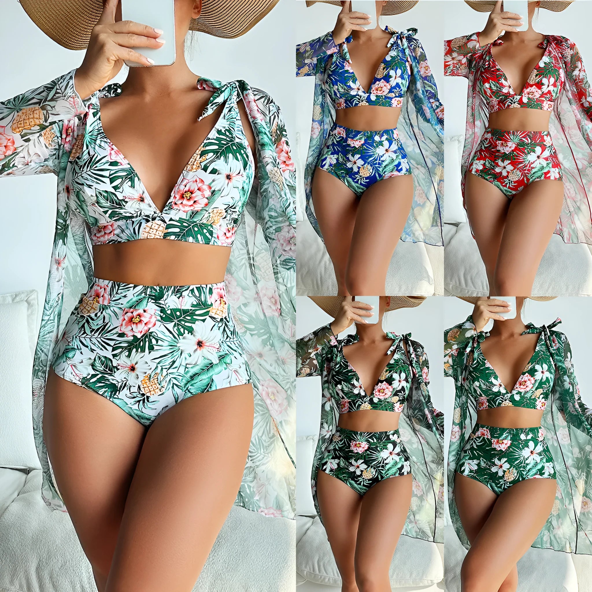 Women's three-piece printed bikini set with sunscreen shirt, bra, and shorts in multicolor pattern