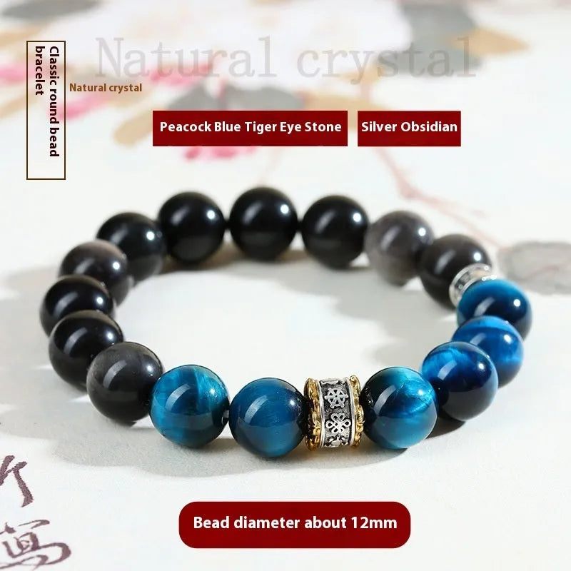 Handmade peacock blue tigereye stone bracelet with geometric design and silver accents