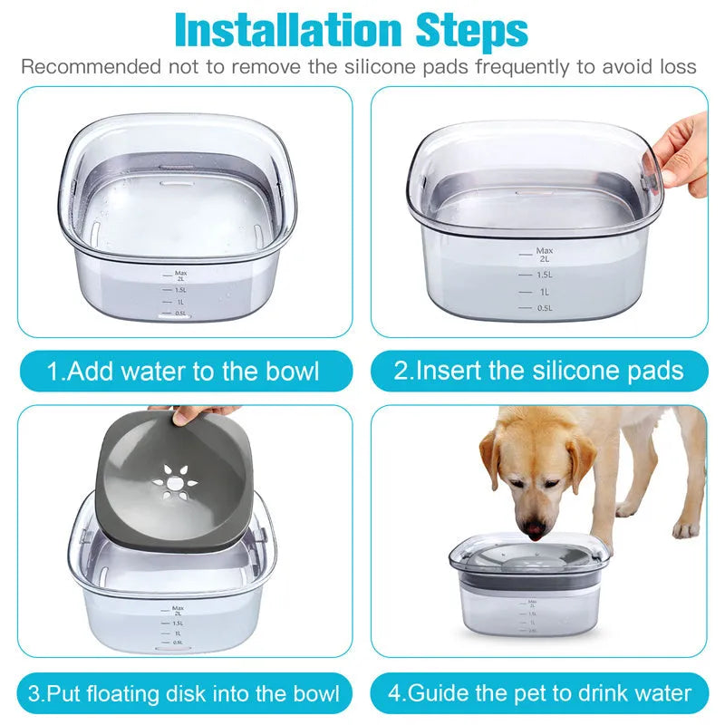 Transparent 70oz anti-spill slow drinking dog water bowl with floating disk on non-slip base