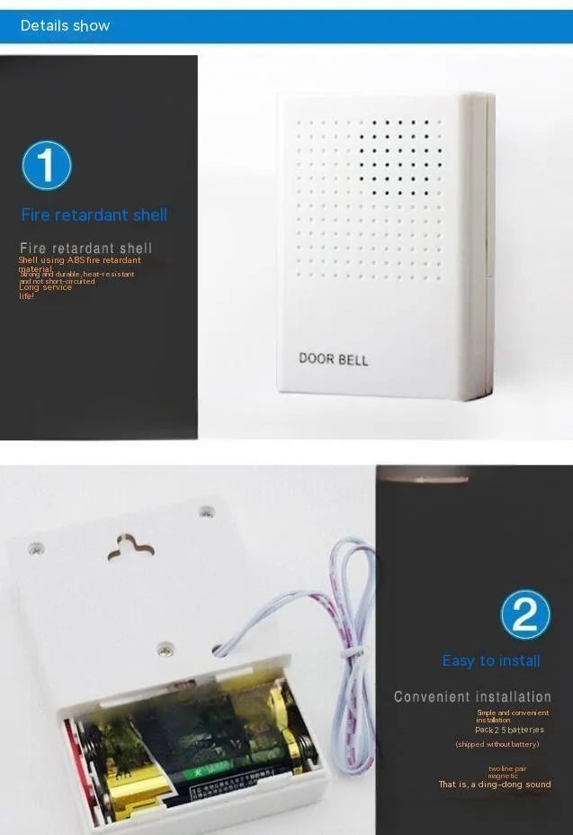 White wired doorbell 87x62x23mm mounted on door frame with dingdong chime for hotel or home use