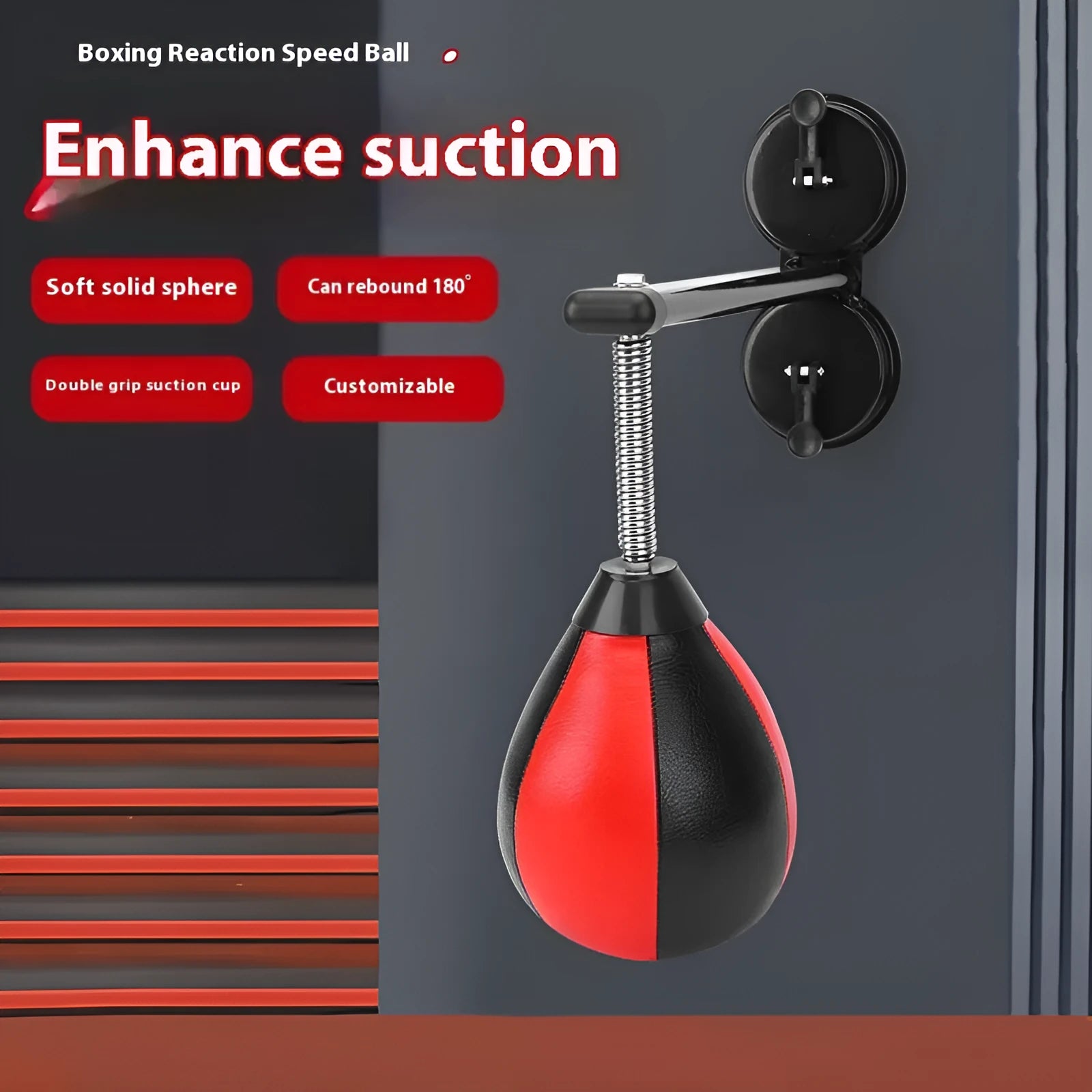 Inflatable pear-shaped boxing training ball with double suction cup hanging mount and red/black ball head