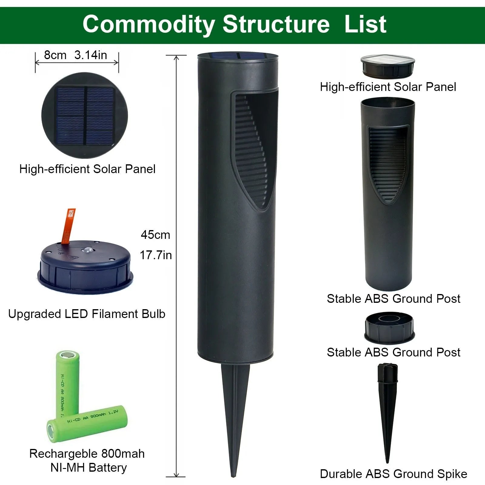 Black geometric solar garden light with stainless steel construction for outdoor decoration