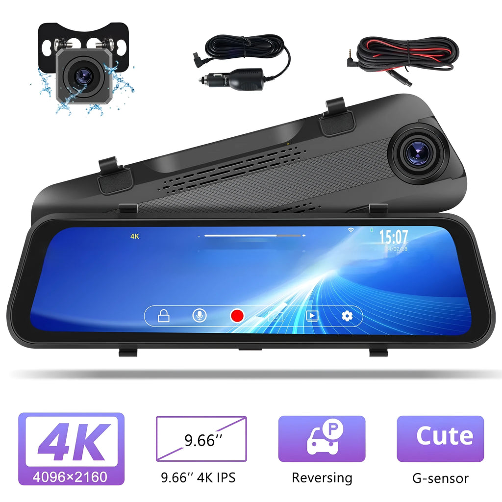 9.66 inch streaming media rearview mirror with touch screen and dual cameras for vehicle recording