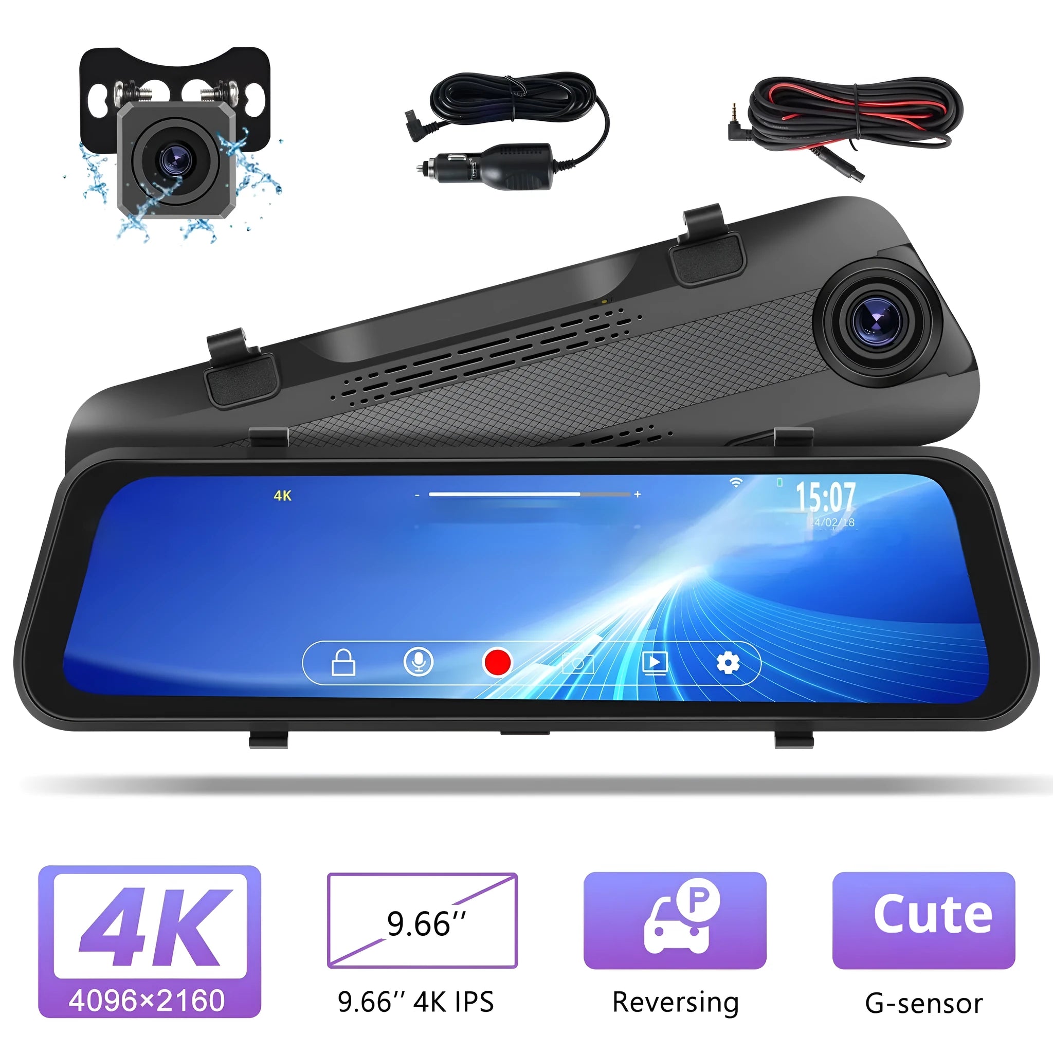 9.66 inch streaming media rearview mirror with touch screen and dual cameras for vehicle recording