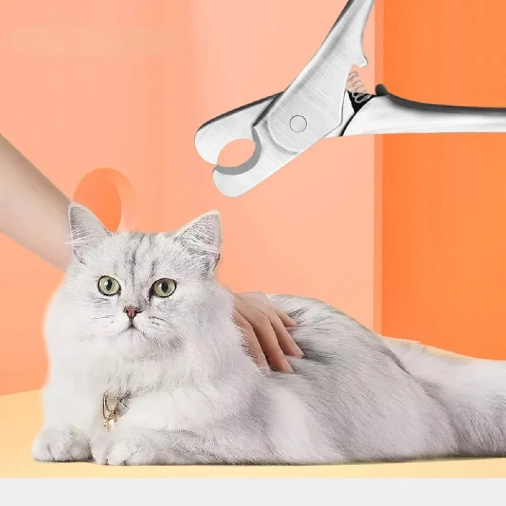 Silver stainless steel professional pet nail clipper for dogs and cats on a plain background.
