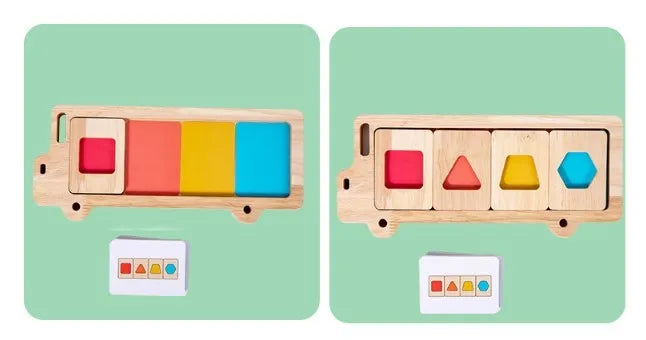 Wooden early education geometry puzzle with colour shape matching, trolley design, on a white background